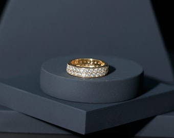 Handmade Eternity Two Tone Moissanite Eternity Band Ring, 14k Gold Plated Handmade Moissanite Ring, Two Stone Band For Women Gifted Ring
