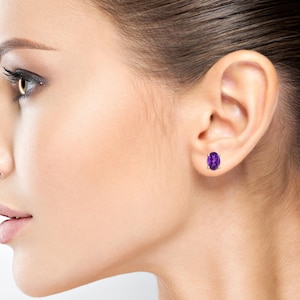 Natural Purple Amethyst Oval Studs Earrings, Gold Plated Multi Gemstone Solitaire Earrings, Oval Faceted Cut Studs Earrings For Her Unisex