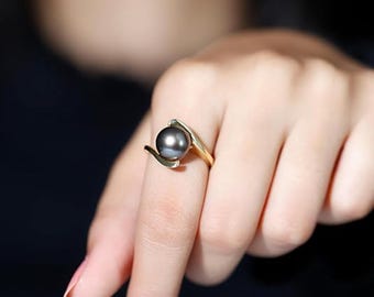 Anillo solitario de perla de Tahití, plata de ley 925, anillo de bodas de perla de Tahití, anillo de perla negra para energía positiva, anillo de promesa