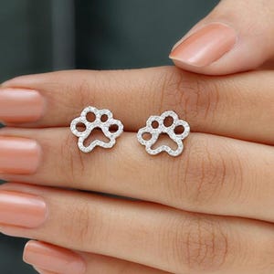 Moissanite Vermeil Dog Paw Ear Studs, Pave Paw Print Stud Earrings Sterling Silver 925, Paw Print Studs, Gold Plated Tiny Paw Studs Earrings