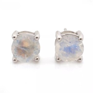Natural White Rainbow Moonstone 6mm Round Cut Studs Earrings, 925 Solid Silver Prong Setting Studs Earrings For Women, Studs For Mens Womens