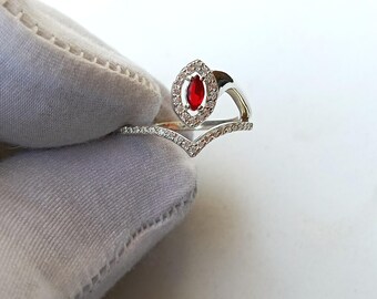 Marquise Shaped Red Ruby CZ Engagement Ring, 925 Silver Wedding Band, Moissanite Ruby Statement Ring, Anniversary Ring For Women, Crown Ring