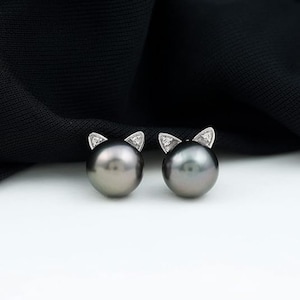 Black Pearl Cat Studs, 925 Sterling Silver Studs, 6mm Tahitian Black Pearl Balls Studs, Pearl Screw Back Earrings Studs, Cat Face Ear Studs