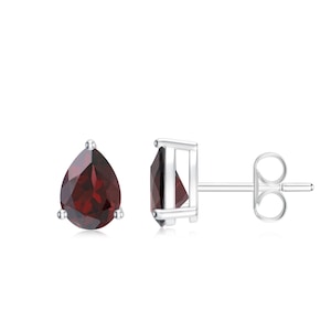 Red Garnet Teardrop Earrings, 925 Sterling Silver Studs Earrings, Natural Gemstone Studs 8x6mm, Birthstone Earrings, 3 Carat Pear Studs