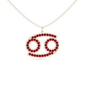 Puede incluir: Collar de oro con un colgante de signo del zodíaco Cáncer de rubí rojo.