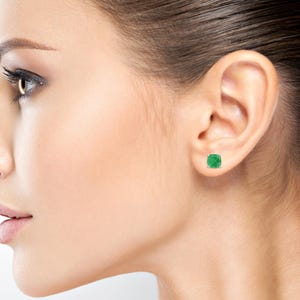 Cushion Cut Natural Emerald Stud Earrings 14K Gold Plated In Silver Screw Back Cushion Gemstone Birthstone Earrings Birthday Gift For Her