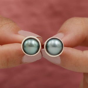 Natural Black Pearl Studs Earrings In 925 Sterling Silver Studs, 8mm Tahitian Pearl Balls Studs, Pearl Screw Back Earrings Studs, Gifted