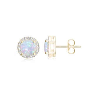Natural White Ethiopian Opal Round Studs Earrings, Gold Plated Opal With Moissanite Halo Ring, Opal Round Cabochon Studs Earrings For Her