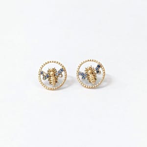 Blue Sapphire Bee Studs Earrings, 925 Sterling Silver Gold Plated Fly Bee Studs, Sapphire Round Cut Designer Bee Unisex Studs Earrings