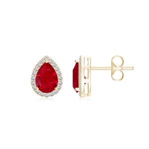 May include: A pair of gold earrings with a pear-shaped ruby gemstone surrounded by a halo of smaller diamonds.