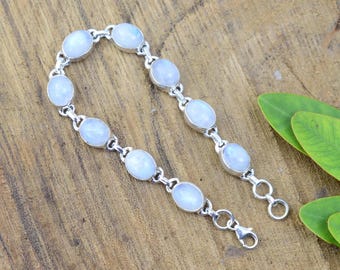 Bracciale in pietra di luna arcobaleno naturale, argento sterling 925