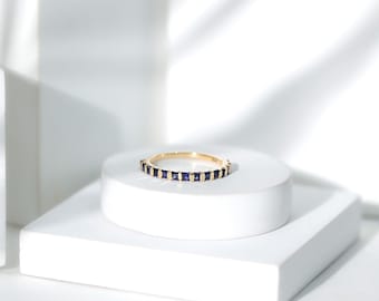 Lab Created Blue Sapphire Half Eternity Band Ring, 925 Silver Gold Plated 2mm Square Sapphire Band Ring, Wedding Stacking Band For Women