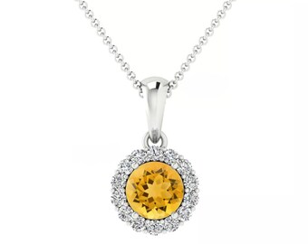 925 Sterling Silver Citrine Pendant, Golden Citrine & Moissanite Halo Pendant, 16 Inch 925 Complimentary Cable Chain, November Birthstone
