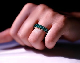 Lab Grown Emerald Full Eternity Ring for Women, May Birthstone, Matching Band, Wedding Ring, Ring Gift for Women, Stacking Band Promise Ring