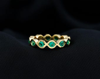 Lab Grown Emerald Eternity Ring for Women, Twisted Eternity Style Ring, 925 Sterling Silver Emerald Ring, Bypass Ring, Emerald Promise Ring