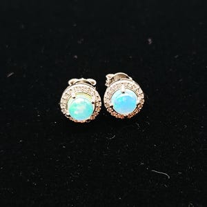 White Ethiopian Opal Round Studs Earrings, Opal With Moissanite Halo Ring, Opal Studs Earrings, Opal Jewelry, Studs For Mens, Halo Studs