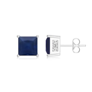 Blue Sapphire Square Cut With Moissanite Side Stone Studs Earrings In 925 Sterling Silver Gold Plated Earrings, Natural Gemstone Earrings