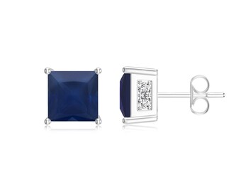 Blue Sapphire CZ Studs With Moissanite Side Stone Studs Earring In 925 Sterling Silver Gold Plated Earrings, CZ multi Gemstone Studs Earring