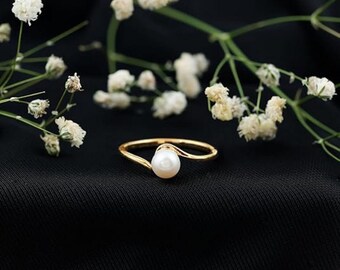 White Pearl Bypass Ring, 925 Sterling Silver 7mm Ball Pearl Ring, Fresh Water Pearl Ring, Pearl Crossover Ring For Women, Engagement Ring