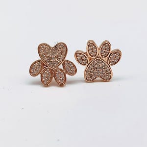 Pave Paw Print Stud Earrings Sterling Silver 925, Paw Print Studs, Rose Gold Plated Paw Studs, 1 Carat Moissanite Vermeil Dog Paw Ear Studs