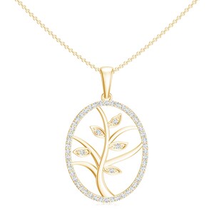 Peut inclure: Un collier en or avec un pendentif en forme d'arbre avec des feuilles. Le pendentif est entouré de petits diamants.