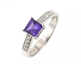 Purple Amethyst Step Cut Square Solitaire Ring In 925 Sterling Silver Ring, Half Eternity Band With 5mm Square Solitaire Engagement Band
