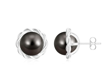 Tahitian Pearl Stud Earrings In 925 Sterling Silver, 8mm Balls Outline Crossover Studs Earrings, Handmade Designer Earrings, Gift For Women
