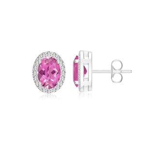 7X5mm Oval Cut Pink Tourmaline Halo Studs Earrings, 925 Sterling Silver Natural Gemstone With Moissanite Halo Earrings Studs For Women Gift