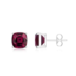 Paarse rhodoliet 6 mm kussengeslepen oorstekers unisex, 925 sterlingzilver natuurlijke edelsteen kussen griffenzetting oorstekers voor vrouwen