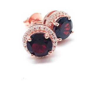 Halo Garnet Studs, Modern Halo Garnet Earrings, 1 Carat 6 mm Round Cut Garnet Stud Earrings, Deep Red Garnet Studs, January Birthstone Gift