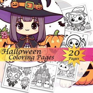 May include: A set of 20 Halloween coloring pages featuring cute characters like a witch, a cat, a ghost, and a pumpkin. The pages are black and white and ready to be colored.