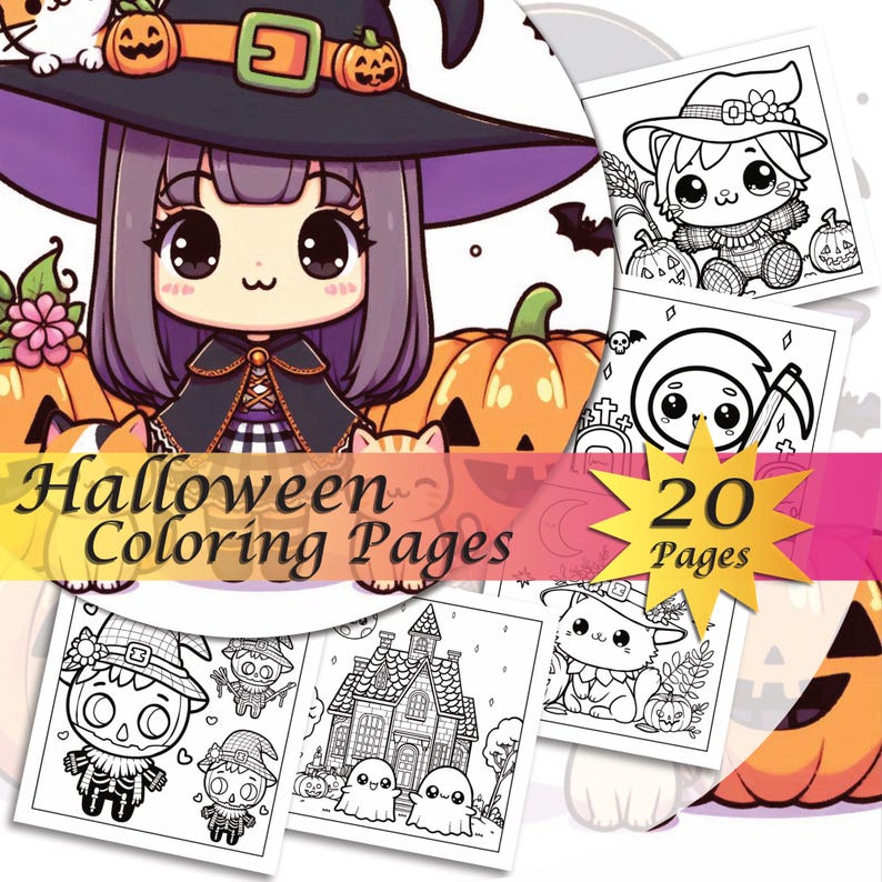 May include: A set of 20 Halloween coloring pages featuring cute characters like a witch, a cat, a ghost, and a pumpkin. The pages are black and white and ready to be colored.