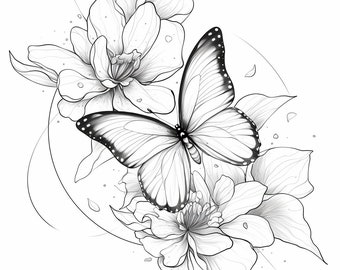 Artothérapie Papillons アート本　塗り絵 花、蝶、女性を描いた塗り絵35ページ。大人向けの印刷可能な塗り絵
