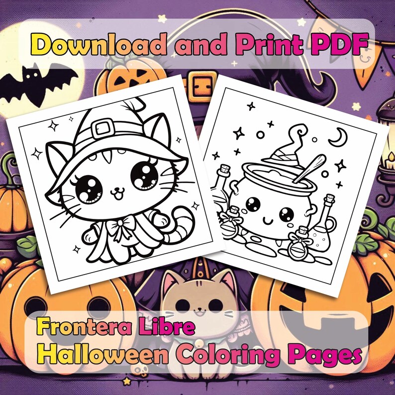 May include: Two black and white Halloween coloring pages featuring a witch cat and a cauldron with a witch's hat. The text "Download and Print PDF" is at the top of the image. The text "Frontera Libre Halloween Coloring Pages" is at the bottom of the image.