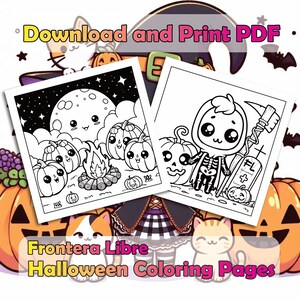 May include: Two black and white Halloween coloring pages. The first page features a cute cartoon moon with pumpkins around a campfire. The second page features a cute cartoon skeleton holding a scythe and a tombstone. The text "Download and Print PDF" is at the top of the image.
