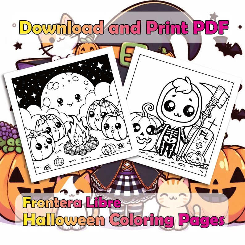 May include: Two black and white Halloween coloring pages. The first page features a cute cartoon moon with pumpkins around a campfire. The second page features a cute cartoon skeleton holding a scythe and a tombstone. The text "Download and Print PDF" is at the top of the image.