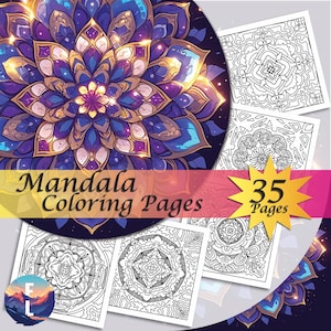 May include: A selection of mandala colouring pages. The image shows a large, vibrant mandala design in purple, blue, and gold hues. The text "Mandala Colouring Pages" is displayed, along with a starburst graphic that reads "35 Pages". Several black and white mandala designs are also visible.