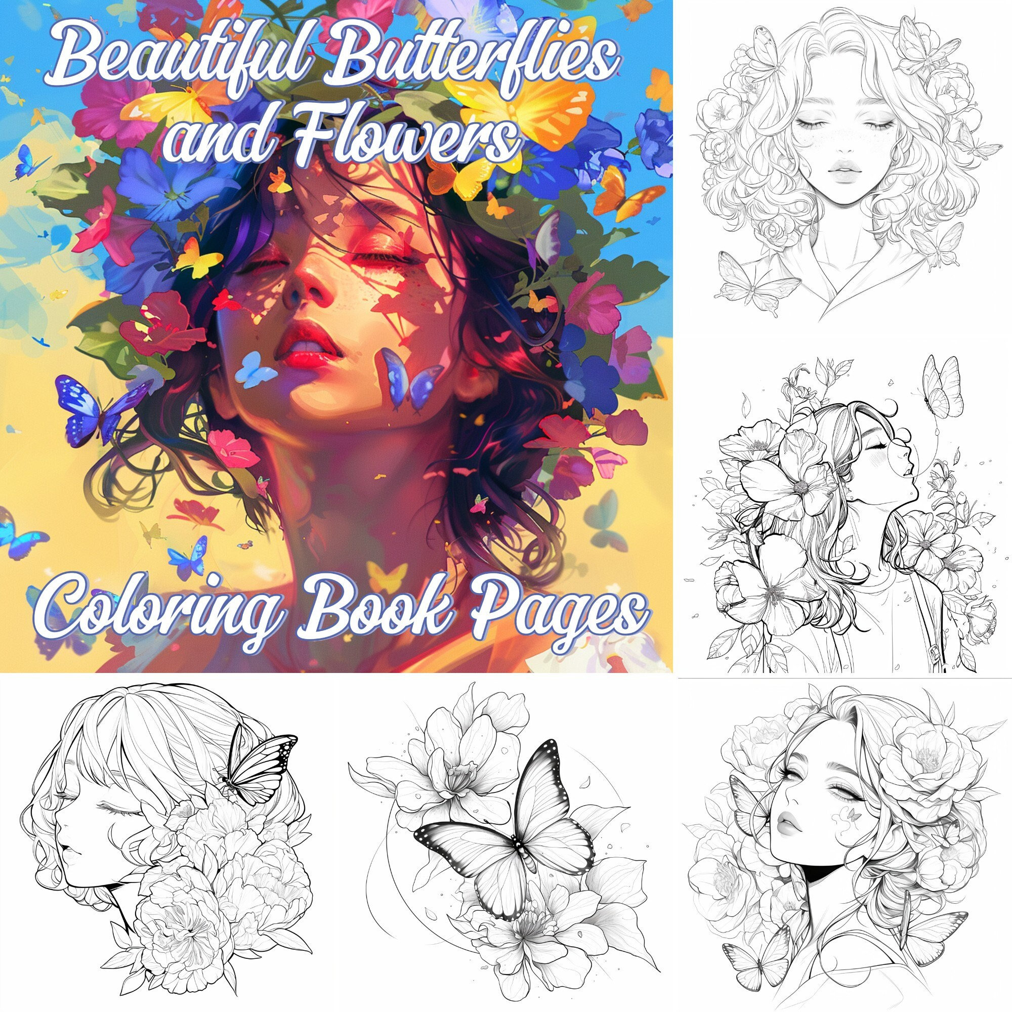 Artothérapie Papillons アート本　塗り絵 花、蝶、女性を描いた塗り絵35ページ。大人向けの印刷可能な塗り絵
