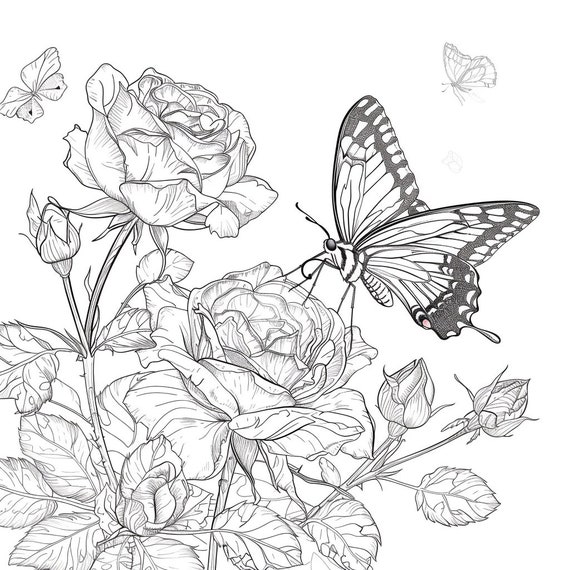 花、蝶、女性を描いた塗り絵35ページ。大人向けの印刷可能な塗り絵
