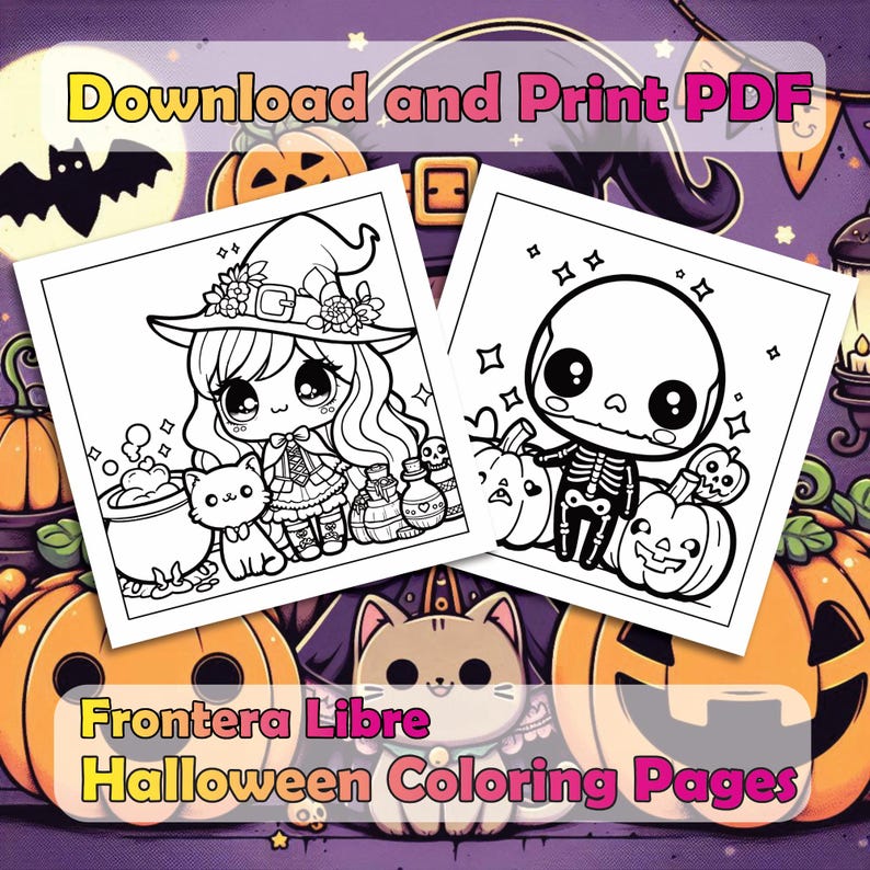 May include: Two black and white coloring pages featuring a witch with a cat and a skeleton holding pumpkins. The pages are surrounded by orange pumpkins and the text "Download and Print PDF" and "Frontera Libre Halloween Coloring Pages".