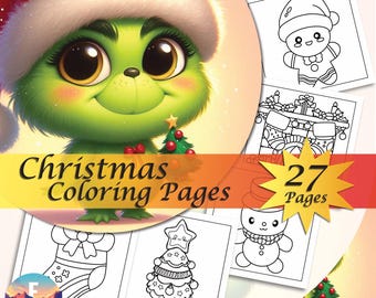 May include: A set of 27 Christmas coloring pages featuring a variety of festive images, including a snowman, a Christmas tree, a stocking, a gingerbread man, and a fireplace. The pages are black and white and ready to be colored.