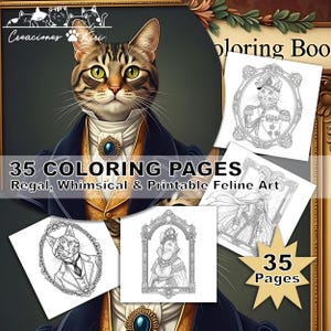 Puede incluir: Portada de un libro para colorear con un retrato de gato real con abrigo azul y joya. El libro incluye 35 páginas para colorear de arte felino caprichoso. El texto dice "35 COLORING PAGES Regal, Whimsical & Printable Feline Art."