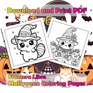 May include: Two black and white coloring pages featuring a witch cat and a pumpkin scarecrow. The pages are surrounded by pumpkins and cats. The text "Download and Print PDF" and "Frontera Libre Halloween Coloring Pages" is visible.