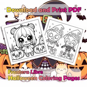 May include: Two black and white Halloween coloring pages. The first page features a girl with large eyes and pigtails holding a pumpkin. The second page features a skeleton and a scarecrow wearing witch hats.