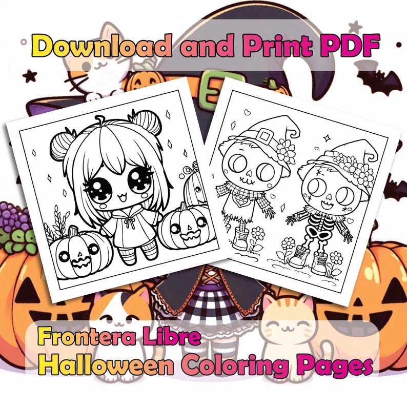 May include: Two black and white Halloween coloring pages. The first page features a girl with large eyes and pigtails holding a pumpkin. The second page features a skeleton and a scarecrow wearing witch hats.