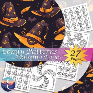 Puede incluir: Un conjunto de páginas para colorear con temática de Halloween. La portada presenta un patrón de sombreros de bruja y murciélagos. Las páginas incluyen varios diseños, como botellas de pociones, calabazas y patrones abstractos. El texto de la portada dice "Comfy Patterns Coloring Pages" y "27 Pages".