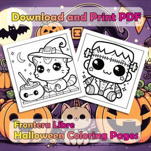 May include: Two black and white Halloween coloring pages. One page features a cute witch cat with a cauldron. The other page features a friendly Frankenstein monster. The text "Download and Print PDF" and "Frontera Libre Halloween Coloring Pages" is visible at the top and bottom of the image.