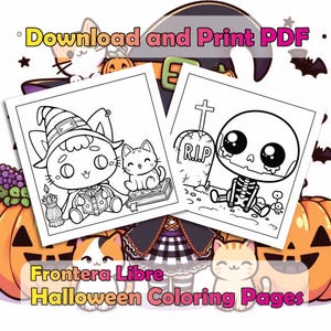 May include: Two black and white coloring pages featuring Halloween characters. The first page shows a witch cat with a cat companion. The second page shows a skeleton with a tombstone that reads "RIP".