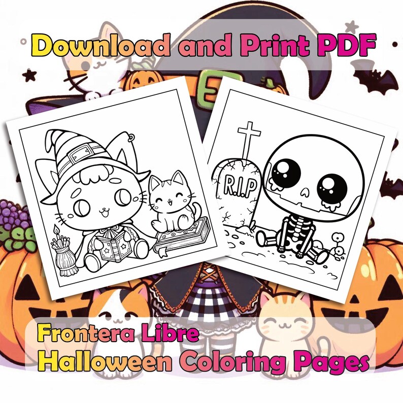 May include: Two black and white coloring pages featuring Halloween characters. The first page shows a witch cat with a cat companion. The second page shows a skeleton with a tombstone that reads "RIP".