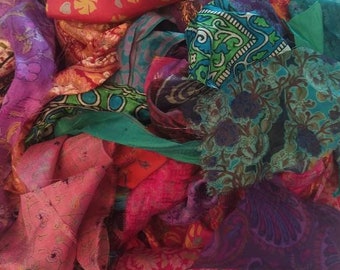 Sari Silk Fabric Scraps Remnants for Slow Stitch and Crazy Quilting Projects, Recycled Vintage Saree, Sustainable Textile Art